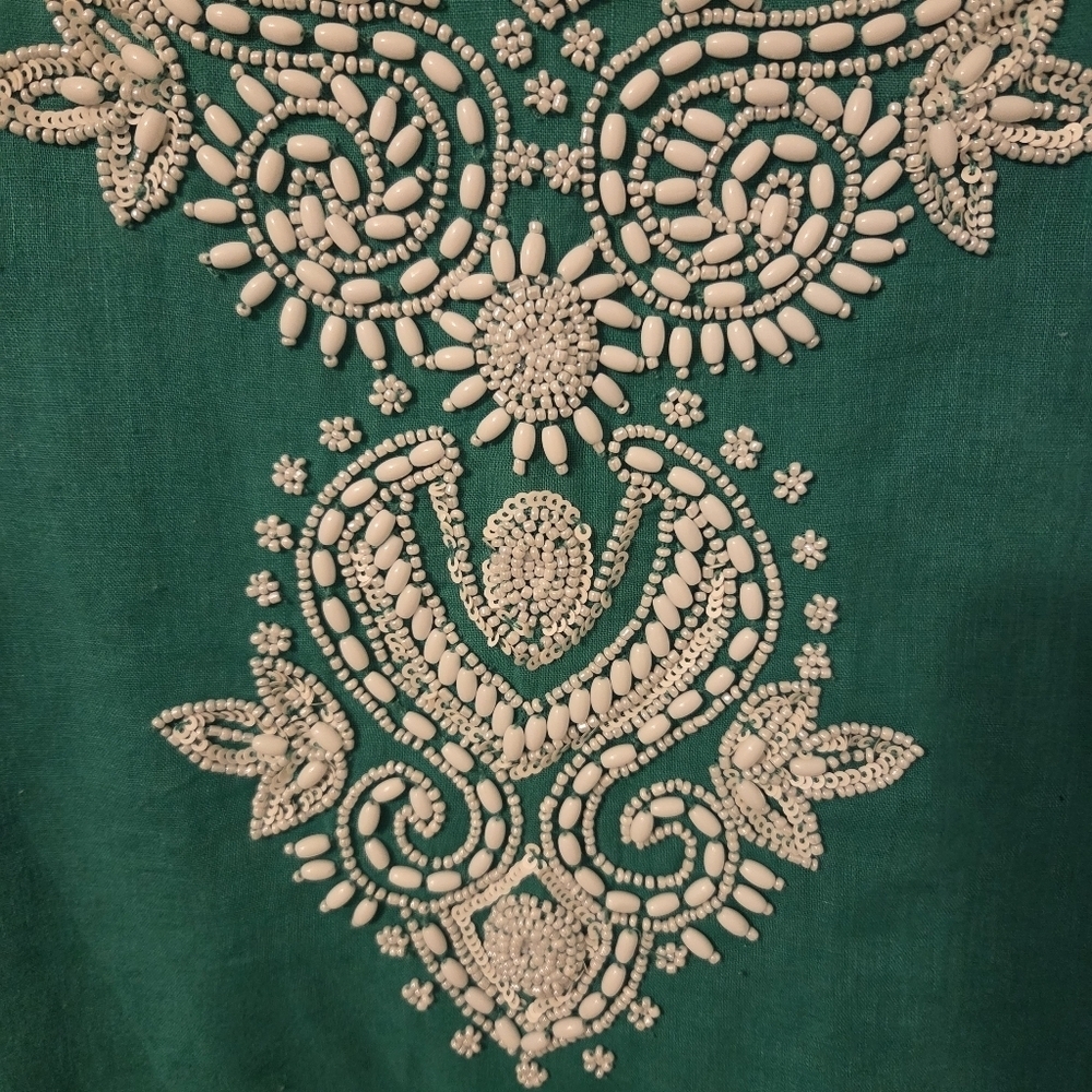 Chico’s Womans Green Linen Blend Beaded Tunic Top. Sz M Resortwear Swim Cover Up - Picture 4 of 9